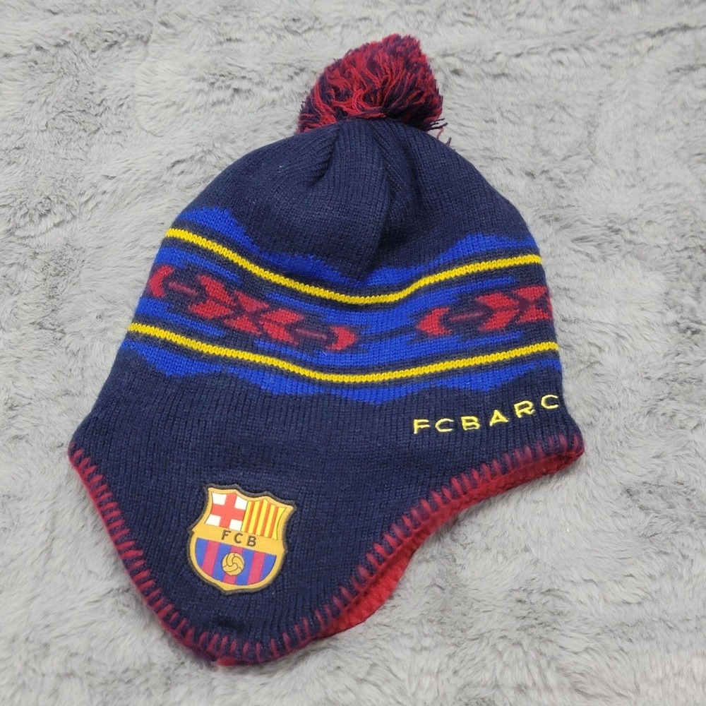 FC Barcelona Hat Cap‎ Unisex One Size Blue Red Soccer Knit Pom Ear Flap Fleece